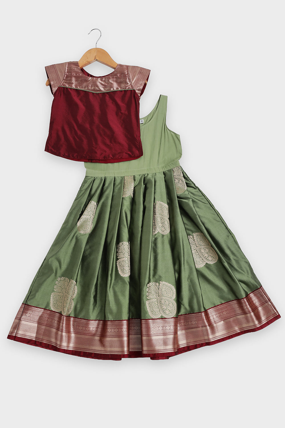 CHITTYTHALLI Girls Art Silk Pavadai Set – Sweetheart Neck Traditional Pattu Pavadai Dress with Knife Pleated Skirt | Festive Ethnic Wear for Girls - PS007