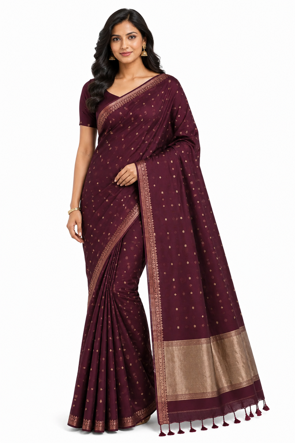 Naidu Hall Women's Maroon Bengal Cotton Blend Jacquard Saree with Blouse | Lightweight Ethnic Wear Saree - R551