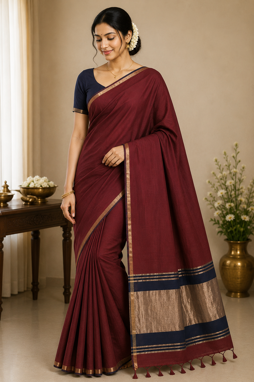 Naidu Hall Women's Maroon Bengal Cotton Blend Jacquard Saree with Blouse | Lightweight Ethnic Wear Saree - R558