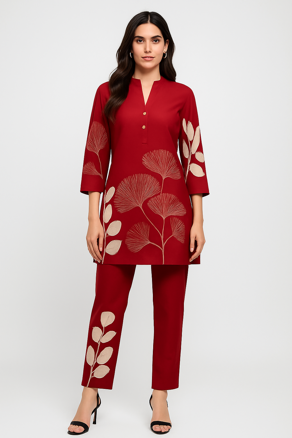 Women’s Cotton Blend Kurta Set | Regular Fit Daily Wear Printed Co-Ord Set with Mandarin Collar & 3/4 Sleeves – Comfortable Woven Fabric Ethnic Wear for Women - Red - F321