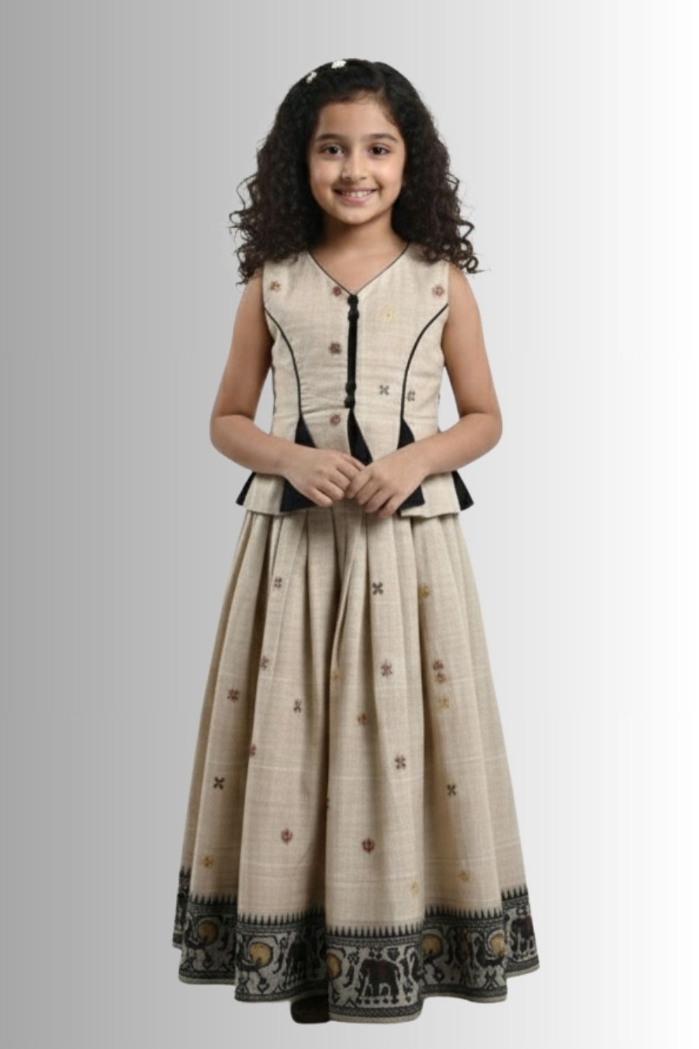 Chittythalli Girls Pavadai Set Traditional Wear | Chanderi Cotton Pavadai Set | Peplum Top with Contrast Piping & Gored Panels | Jamdhani Bordered Pleated Skirt | Woven Ethnic Dress for Girls - PS98