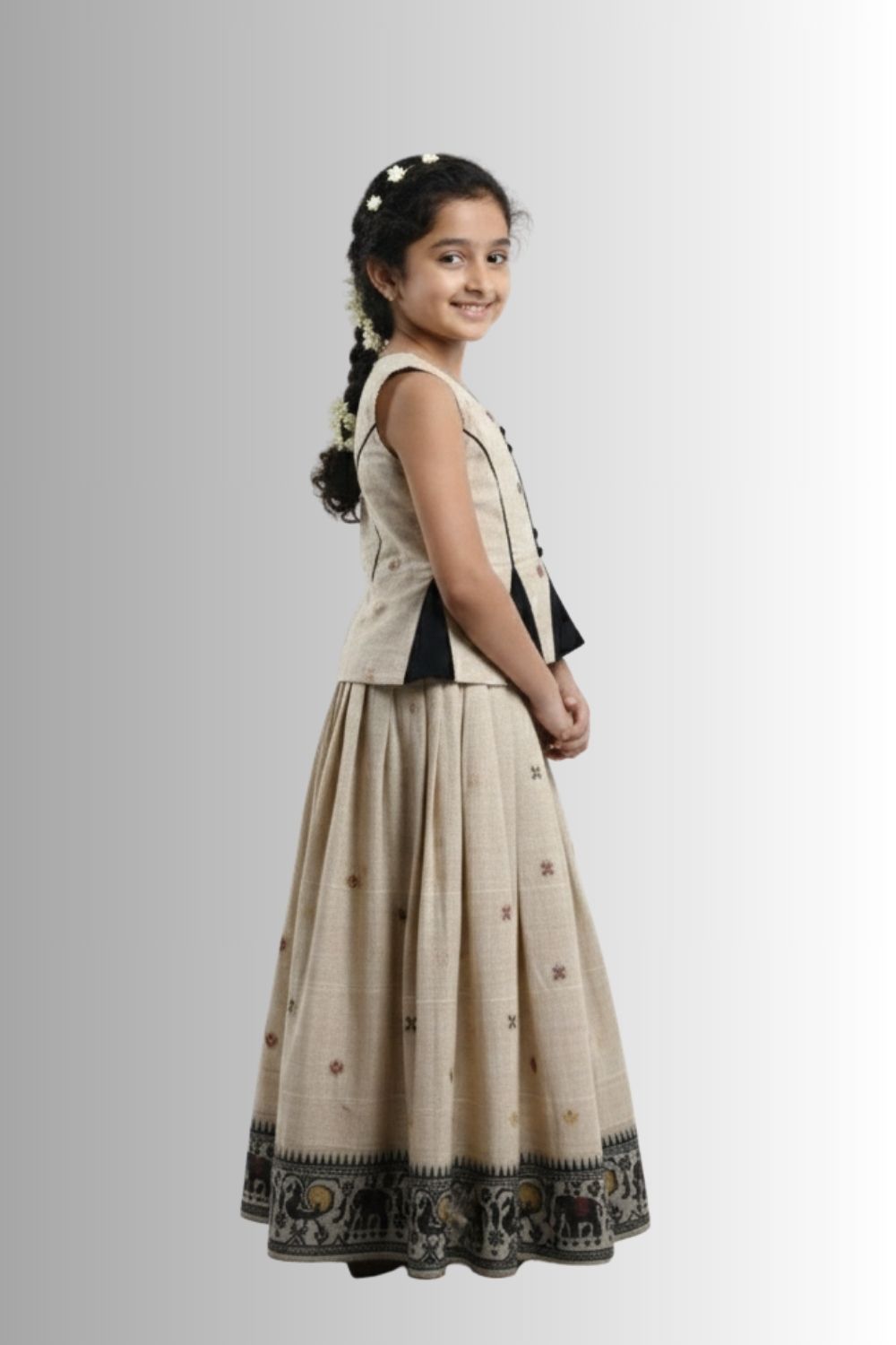 Chittythalli Girls Pavadai Set Traditional Wear | Chanderi Cotton Pavadai Set | Peplum Top with Contrast Piping & Gored Panels | Jamdhani Bordered Pleated Skirt | Woven Ethnic Dress for Girls - PS98