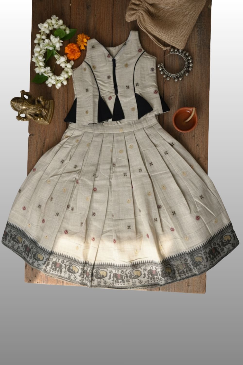 Chittythalli Girls Chanderi Cotton Pavadai Set | Peplum Panelled Top with Pleated Jamdani Border Skirt - PS98