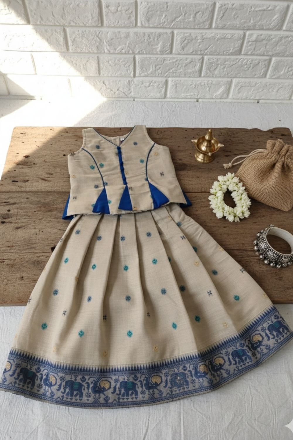 Chittythalli Girls Pavadai Set Traditional Wear | Chanderi Cotton Pavadai Set | Peplum Top with Contrast Piping & Gored Panels | Jamdhani Bordered Pleated Skirt | Woven Ethnic Dress for Girls - PS98