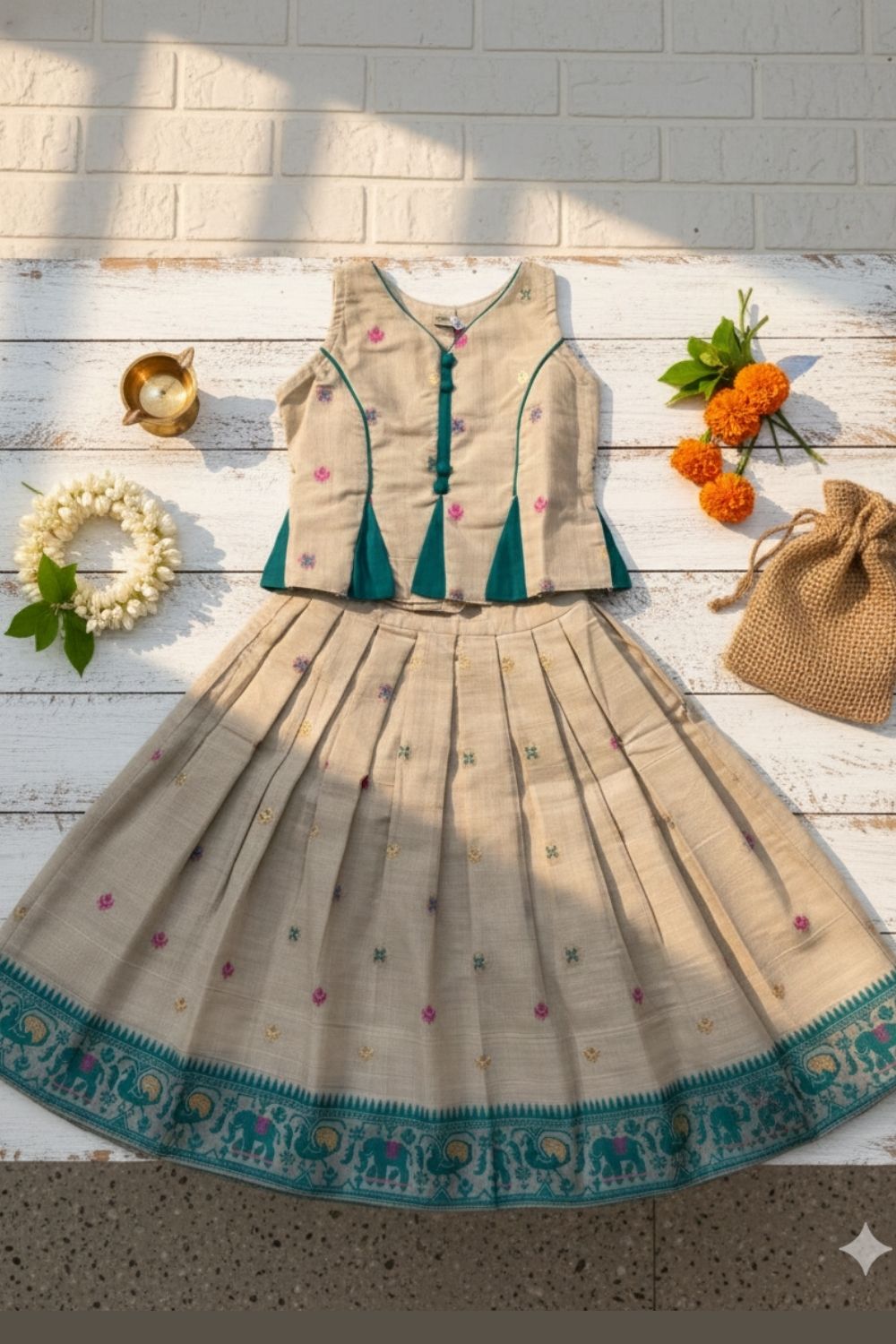 Chittythalli Girls Pavadai Set Traditional Wear | Chanderi Cotton Pavadai Set | Peplum Top with Contrast Piping & Gored Panels | Jamdhani Bordered Pleated Skirt | Woven Ethnic Dress for Girls - PS98