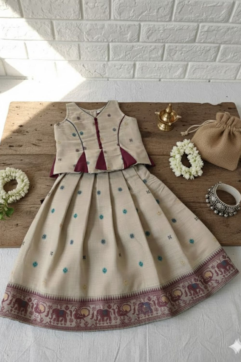 Chittythalli Girls Chanderi Cotton Pavadai Set | Peplum Panelled Top with Pleated Jamdani Border Skirt - PS98