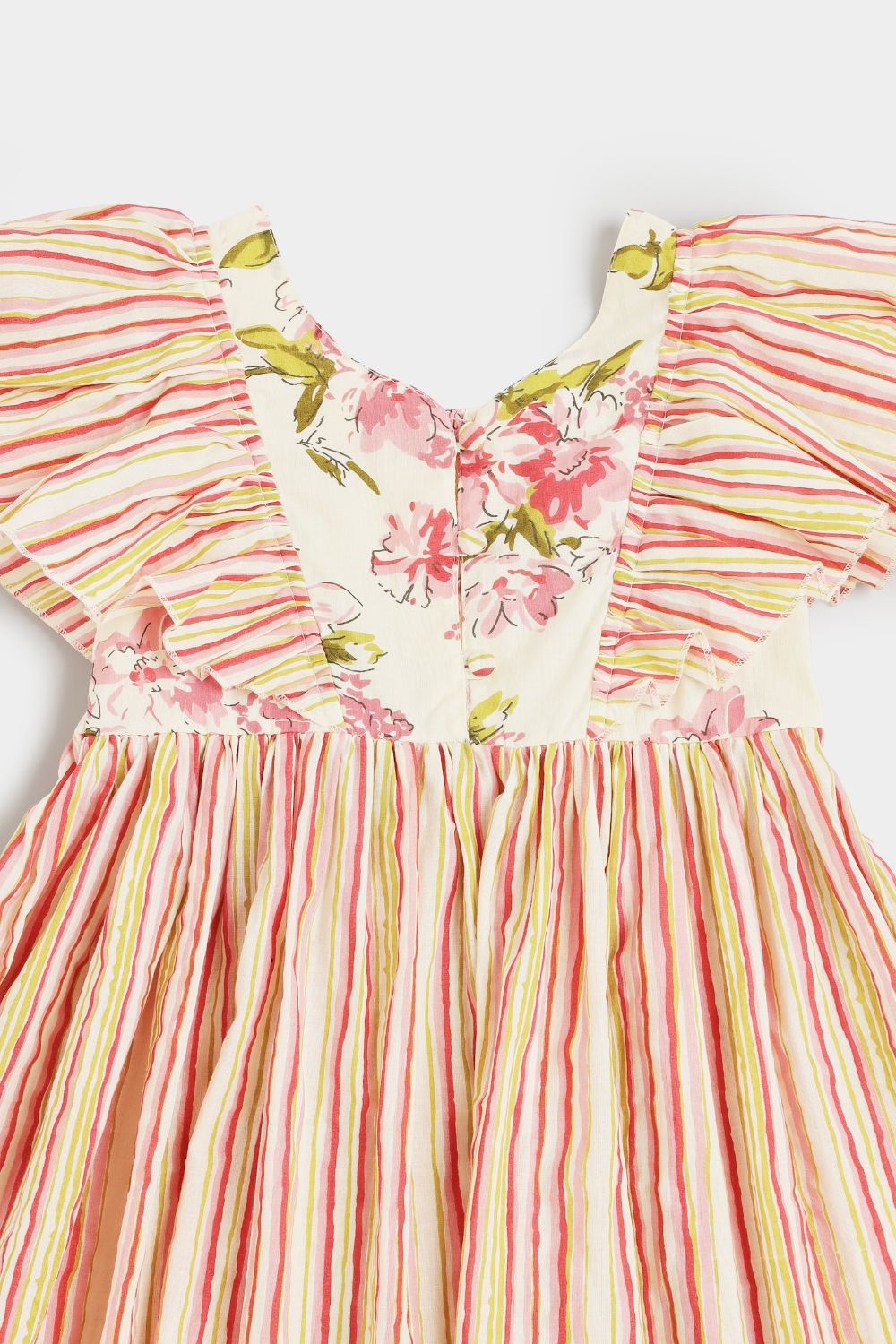 Chittythalli Girls Cotton Ethnic Frock | Jaipur Printed Summer Dress with Front & Sleeve Ruffle and Smocking Back - FR45