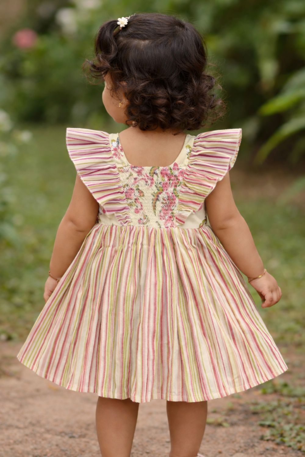 Chittythalli Girls Cotton Ethnic Frock | Jaipur Printed Summer Dress with Front & Sleeve Ruffle and Smocking Back - FR45