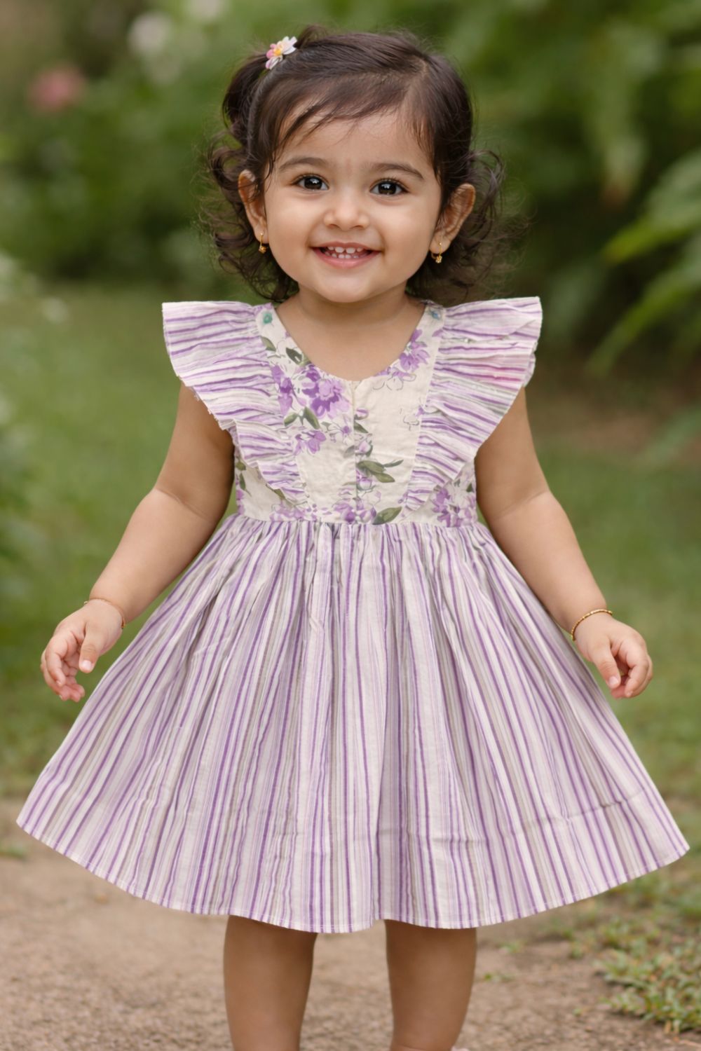 Chittythalli Girls Cotton Ethnic Frock | Jaipur Printed Summer Dress with Front & Sleeve Ruffle and Smocking Back - FR45