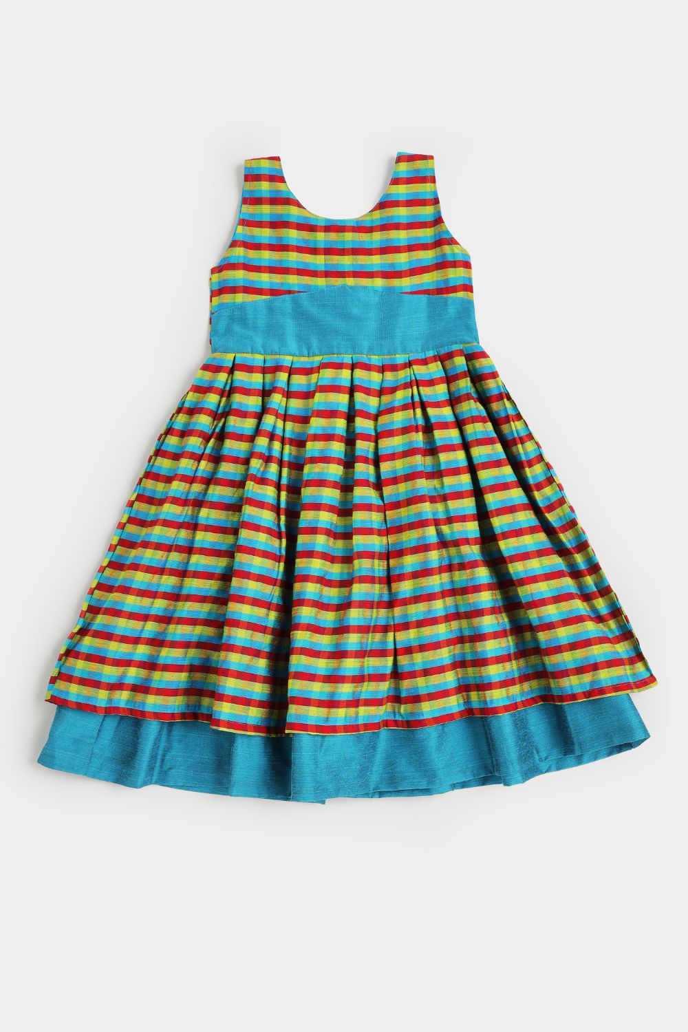 Chittythalli Girls Cotton Slub Mini Checked Layered Frock – Traditional Ethnic Wear Dress for Toddlers | Regular Fit | Circular Neck | Back Button Opening | Summer Casual Dress - FR52