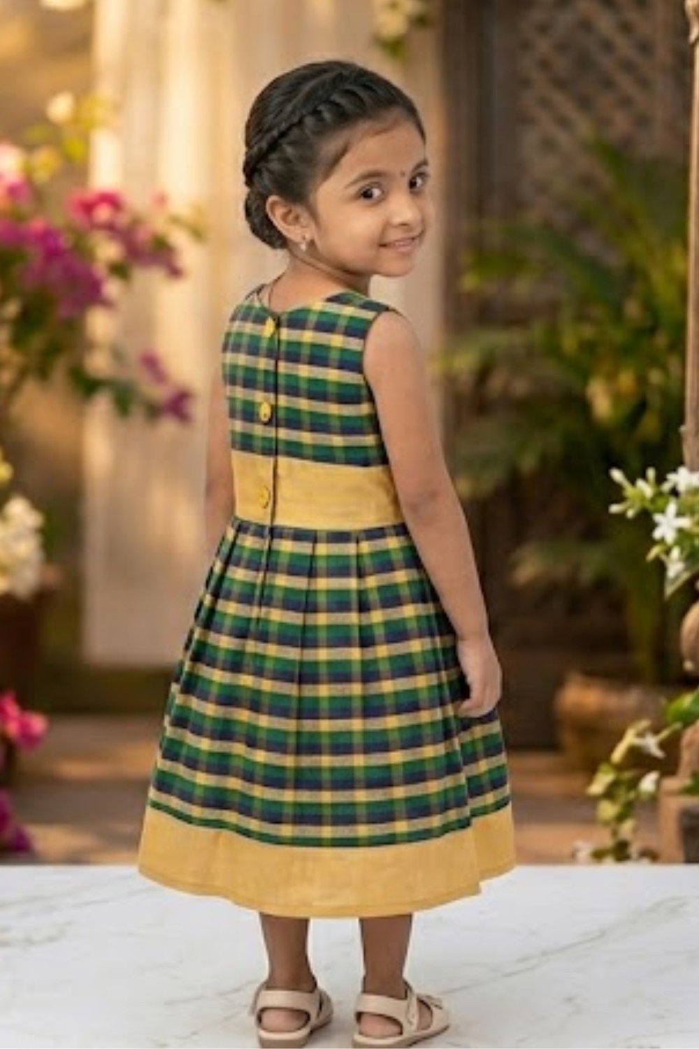 Chittythalli Girls Cotton Slub Mini Checked Layered Frock – Traditional Ethnic Wear Dress for Toddlers | Regular Fit | Circular Neck | Back Button Opening | Summer Casual Dress - FR52