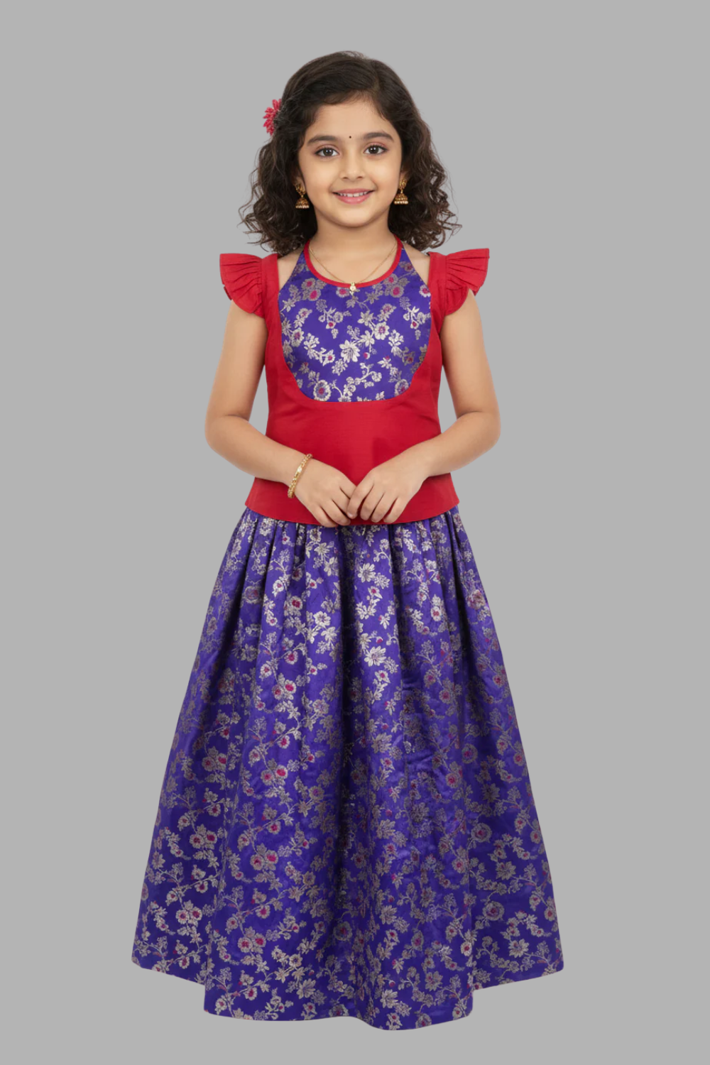 Chittythalli Girls Ethnic Pavadai Set Cold Shoulder Halter Neck Top with Pleated Skirt Brocade Festive Wear- Pink - PS89