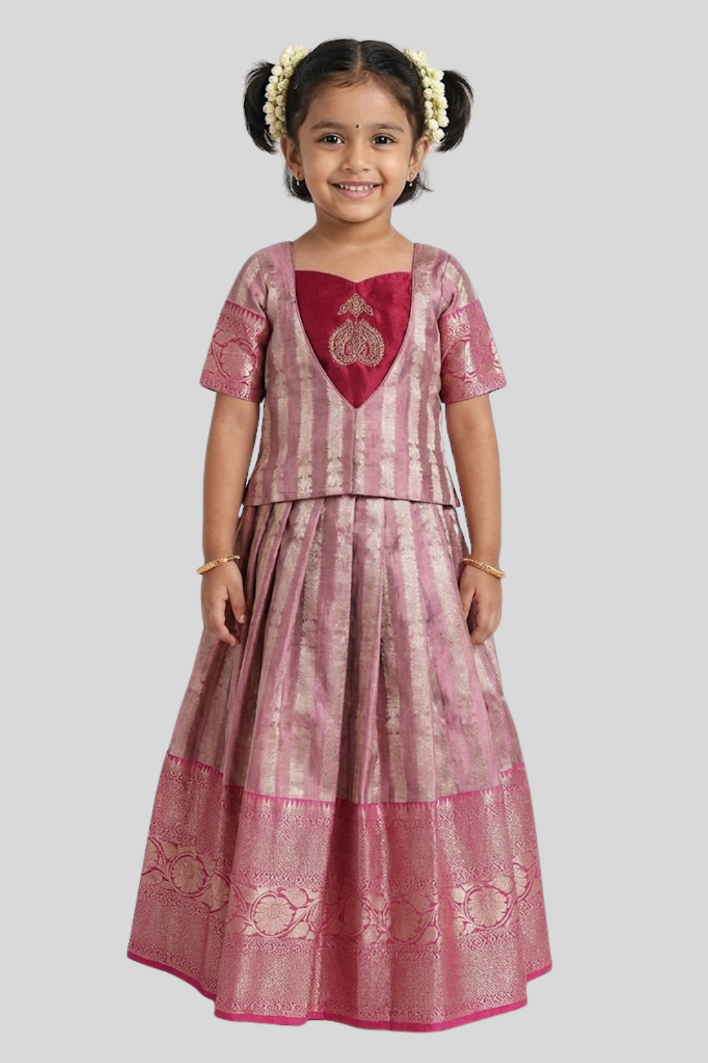 Chittythalli Girls’ Festive Pavadai Set | Layered Blouse, Embroidered Tank Top & Knife-Pleated Skirt - PS94