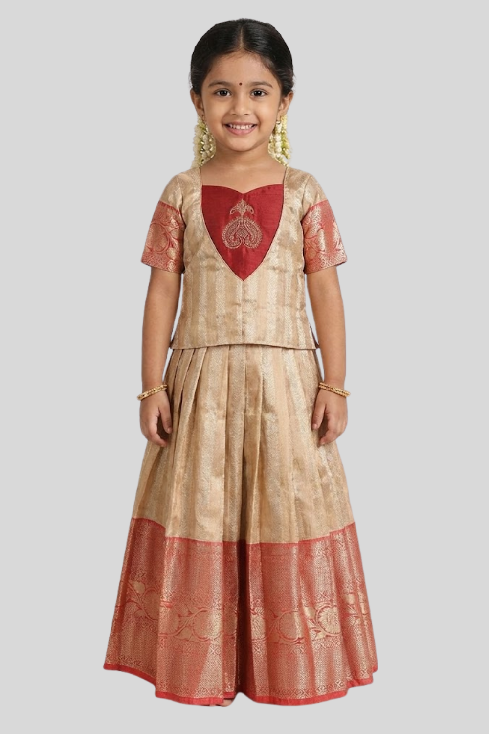 Chittythalli Girls’ Festive Pavadai Set | Layered Blouse, Embroidered Tank Top & Knife-Pleated Skirt - PS94