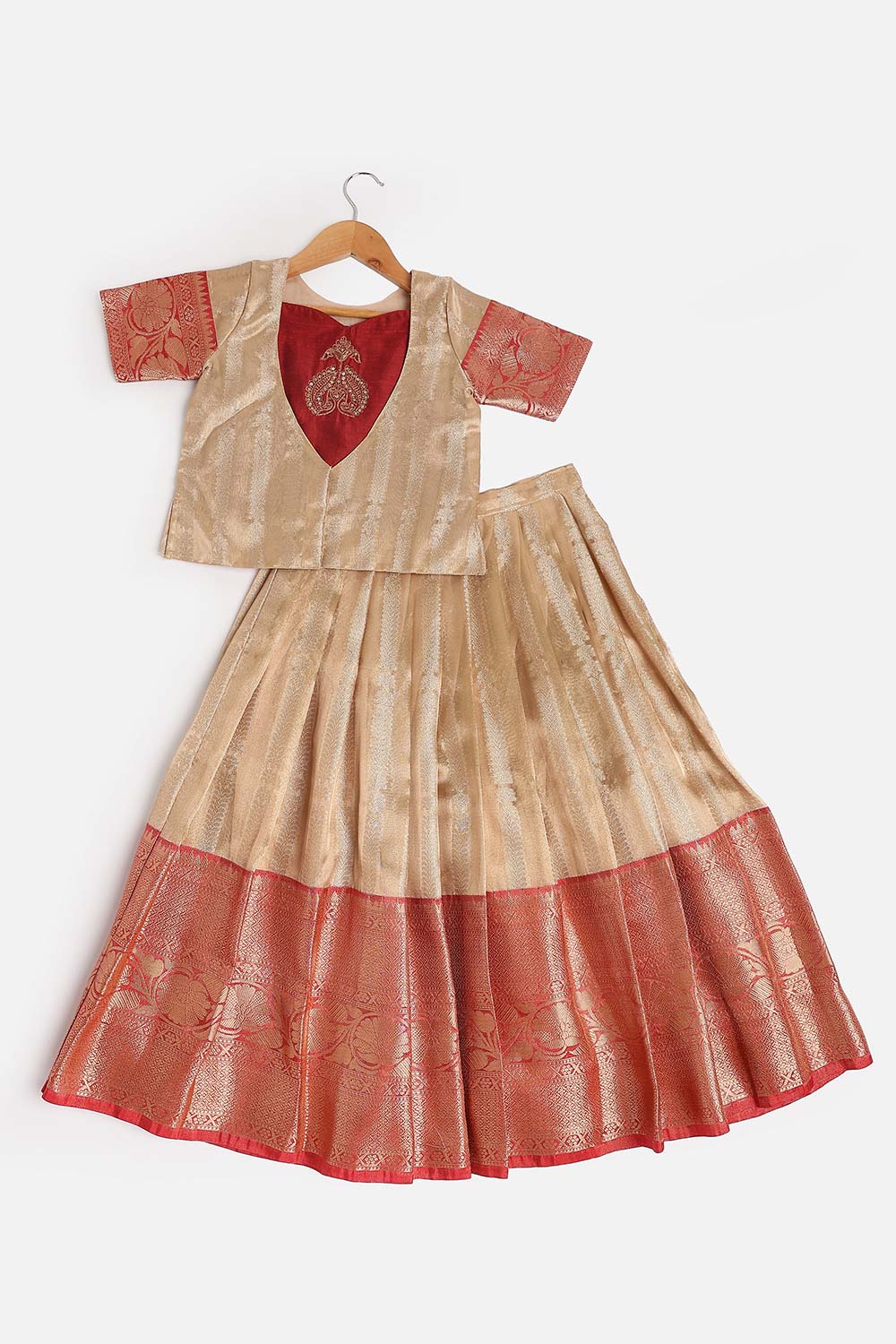 Chittythalli Girls’ Festive Pavadai Set | Layered Blouse, Embroidered Tank Top & Knife-Pleated Skirt - PS94