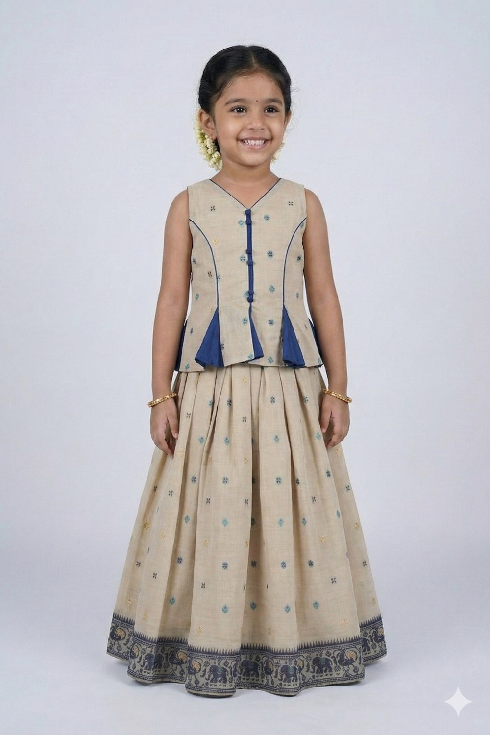 Chittythalli Girls Pavadai Set Traditional Wear | Chanderi Cotton Pavadai Set | Peplum Top with Contrast Piping & Gored Panels | Jamdhani Bordered Pleated Skirt | Woven Ethnic Dress for Girls - PS98