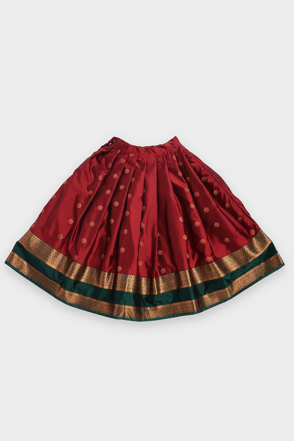 Chittythalli Girls Traditional Pavadai Set | Art Silk Green Sleeveless Top with Red Neck Tie Panel | Minimal Embroidery Hemline | Maroon Knife Pleated Skirt | Woven Ethnic Wear for Girls - PS008
