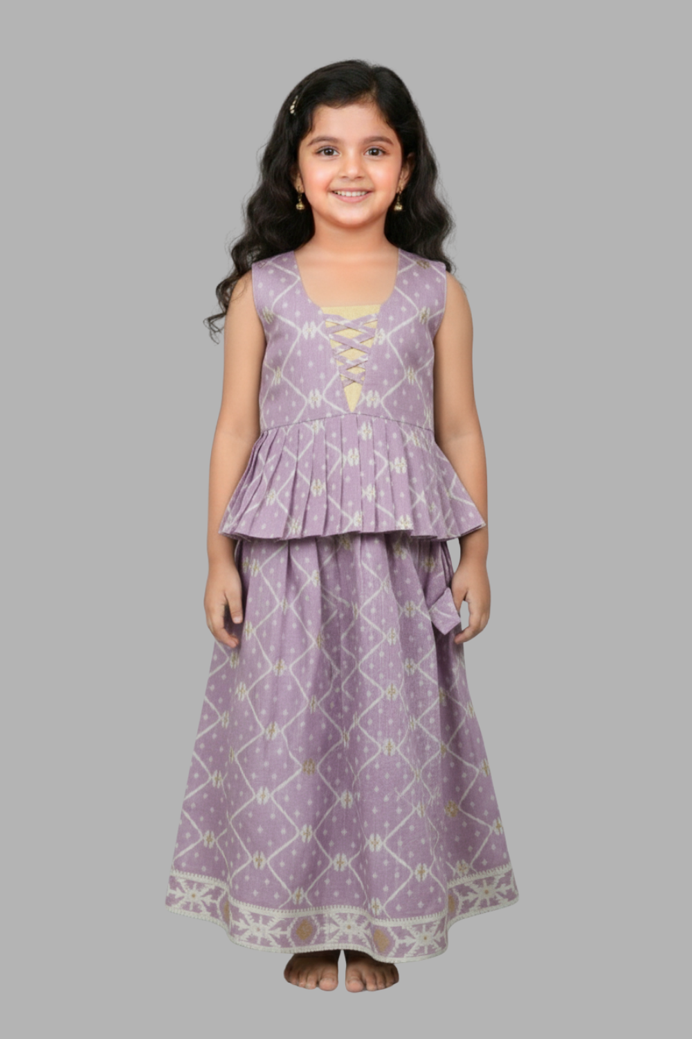 Chittythalli Girls’ Ethnic Pavadai Set – Chanderi Jamdani Peplum Top with Criss-Cross Cording & Kali Skirt | Traditional Festive Wear for Girls - PS91
