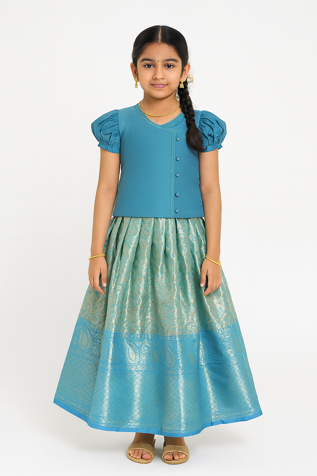 Chittythalli Girls’ Asymmetric Neck Pavadai Set – Brocade Skirt & Cotton Top - Blue - PS50