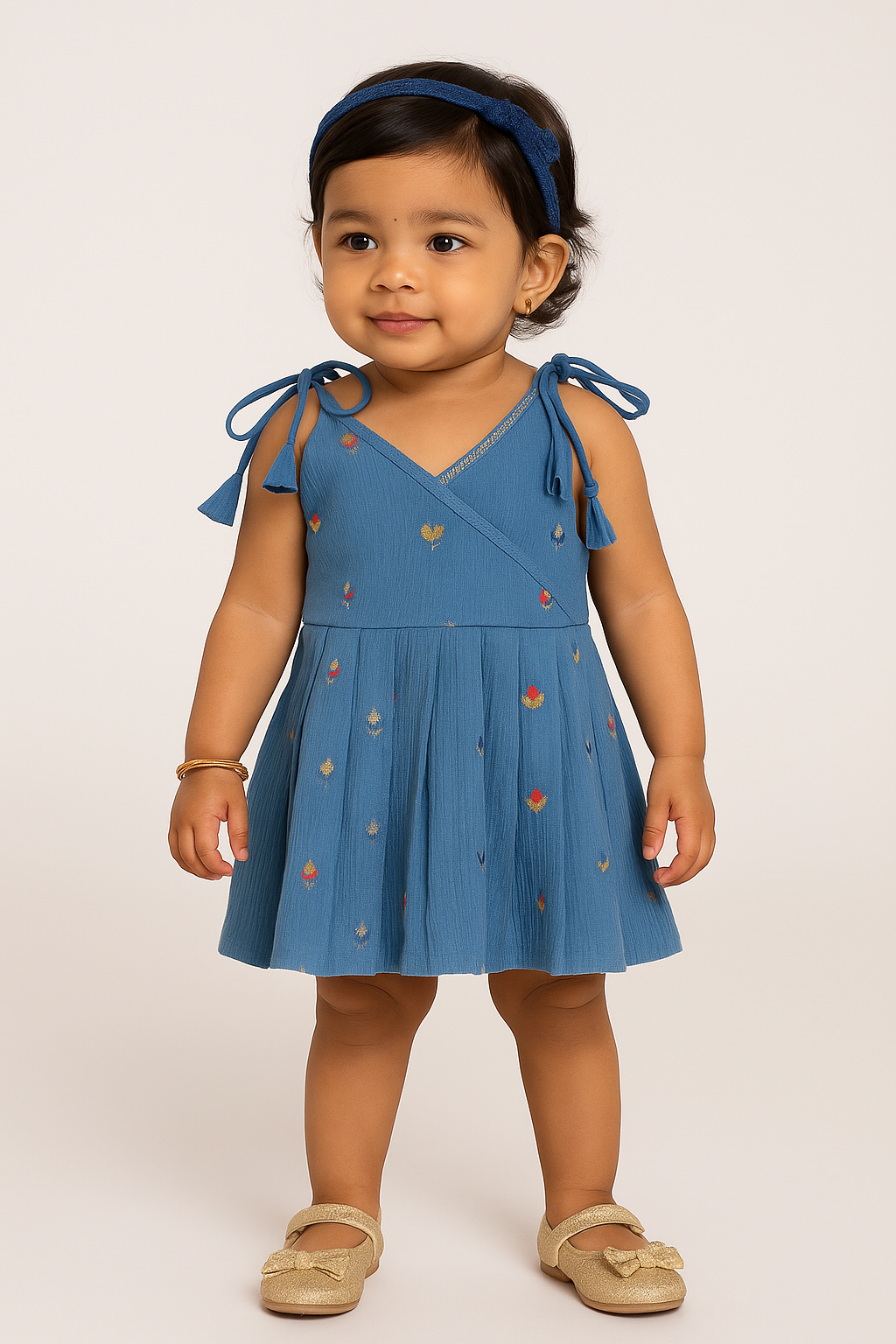 Chittythalli Girls’ Ethnic Frock – Angarkha Cut Top with Chain Stitch Embroidery & Knife Pleated Skirt - Blue - FR39