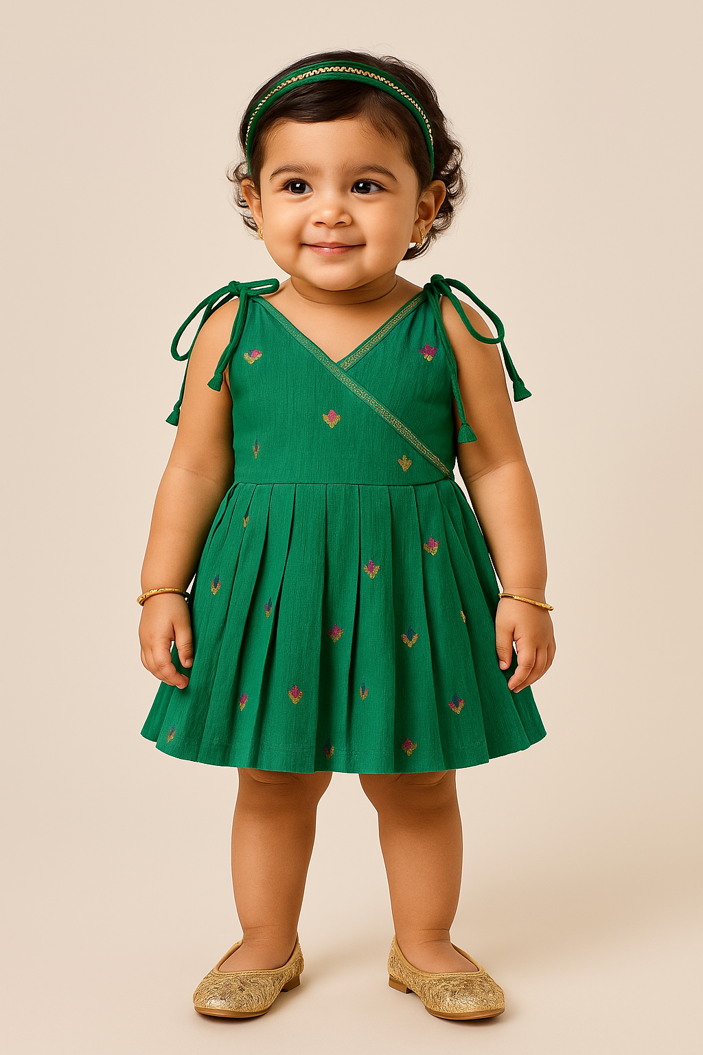 Chittythalli Girls’ Ethnic Frock – Angarkha Cut Top with Chain Stitch Embroidery & Knife Pleated Skirt - Green - FR39