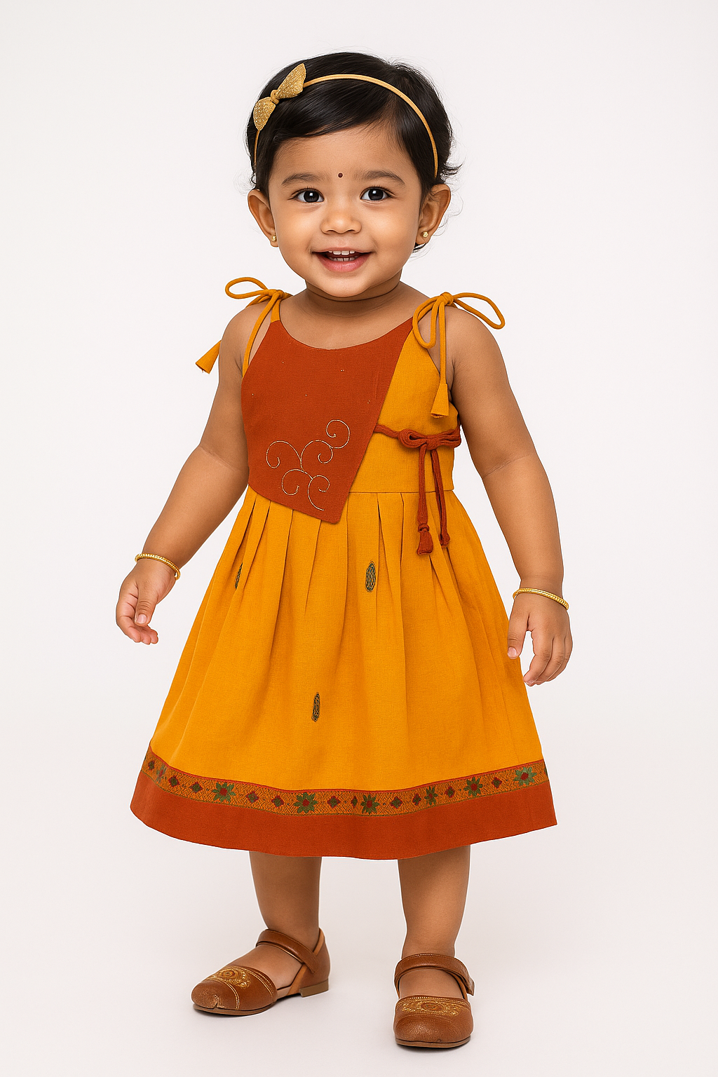 Chittythalli Girls’ Ethnic Frock – Sleeveless with Asymmetric Contrast Panel, Box Pleats & Zari Embroidery - Orange - FR41