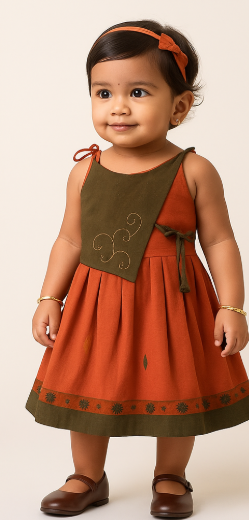 Chittythalli Girls’ Ethnic Frock – Sleeveless with Asymmetric Contrast Panel, Box Pleats & Zari Embroidery - Pink - FR41