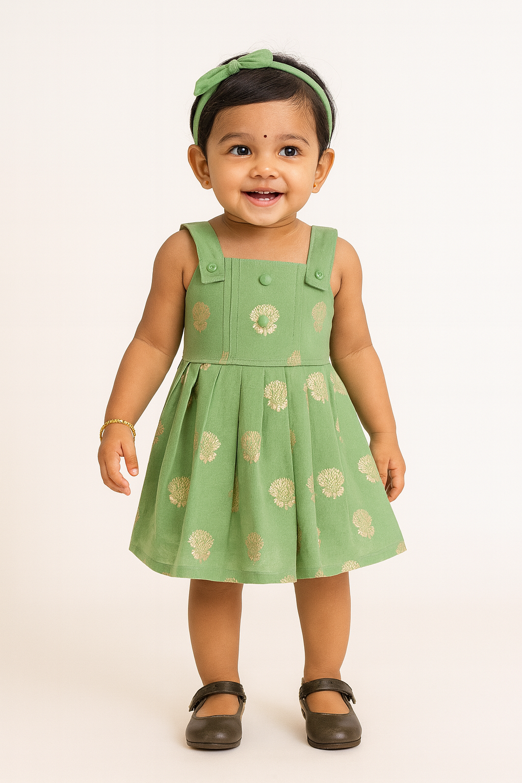 Chittythalli Girls Ethnic Frock Top with Pintuck Yoke and Pleated Skirt Traditional Indian Festive Wear - Green - FR36
