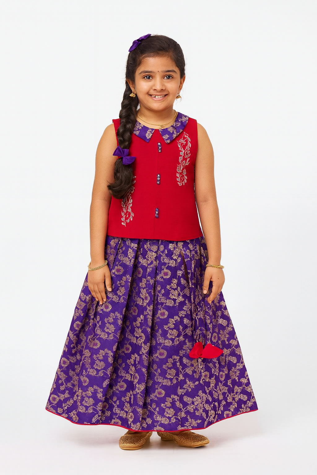 Chittythalli Girls Pavadai Set – Cotton Blouse with Brocade Collar & Zari Embroidery, Box Pleated Skirt - Pink - PS80