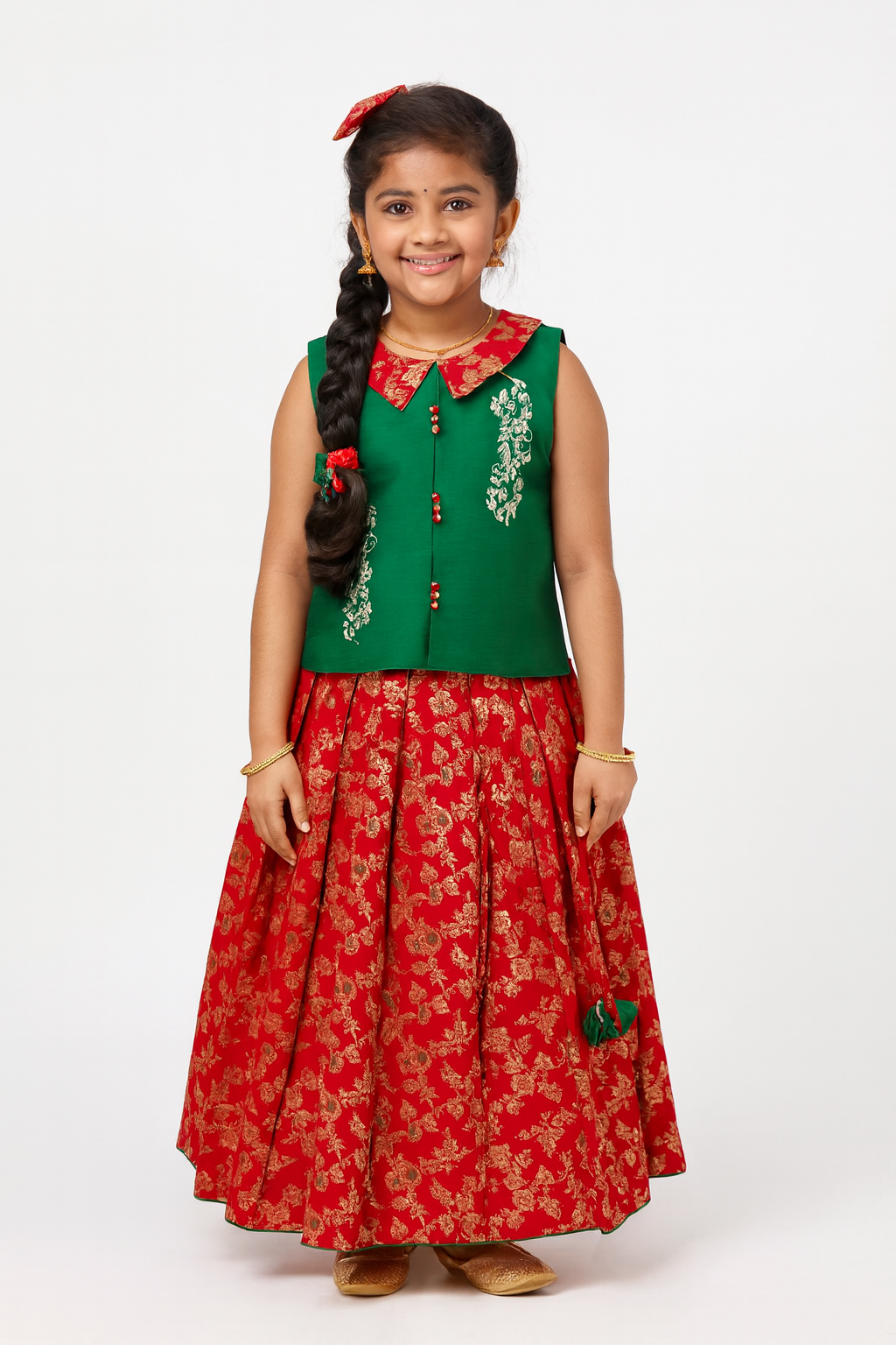 Chittythalli Girls Pavadai Set – Cotton Blouse with Brocade Collar & Zari Embroidery, Box Pleated Skirt - Green - PS80