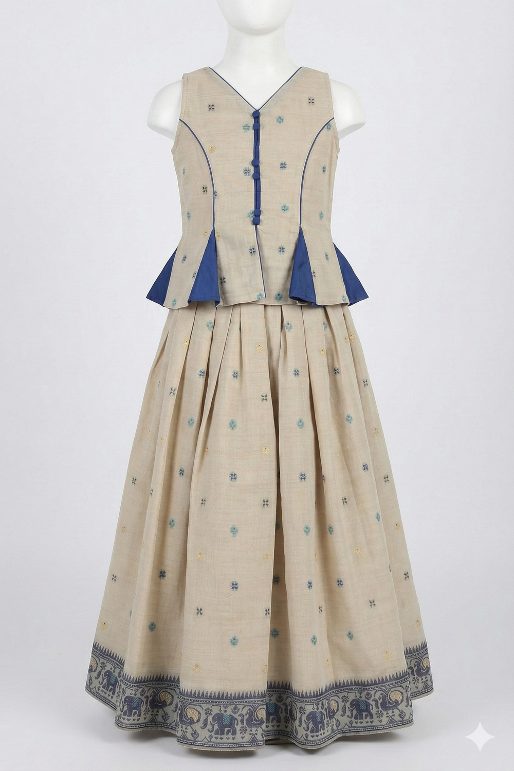 Chittythalli Girls Pavadai Set Traditional Wear | Chanderi Cotton Pavadai Set | Peplum Top with Contrast Piping & Gored Panels | Jamdhani Bordered Pleated Skirt | Woven Ethnic Dress for Girls - PS98