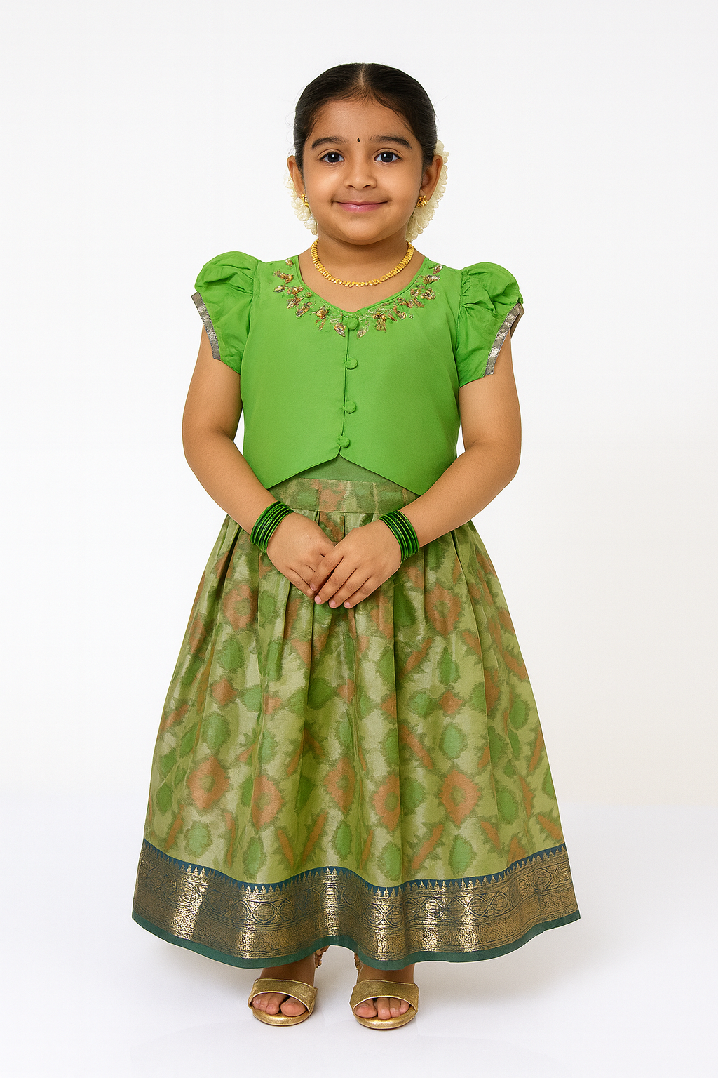 Chittythalli Girls’ Pavadai Set – V-Neck Embroidered Top with Puff Sleeves & Box-Pleated Brocade Skirt - Green - PS38