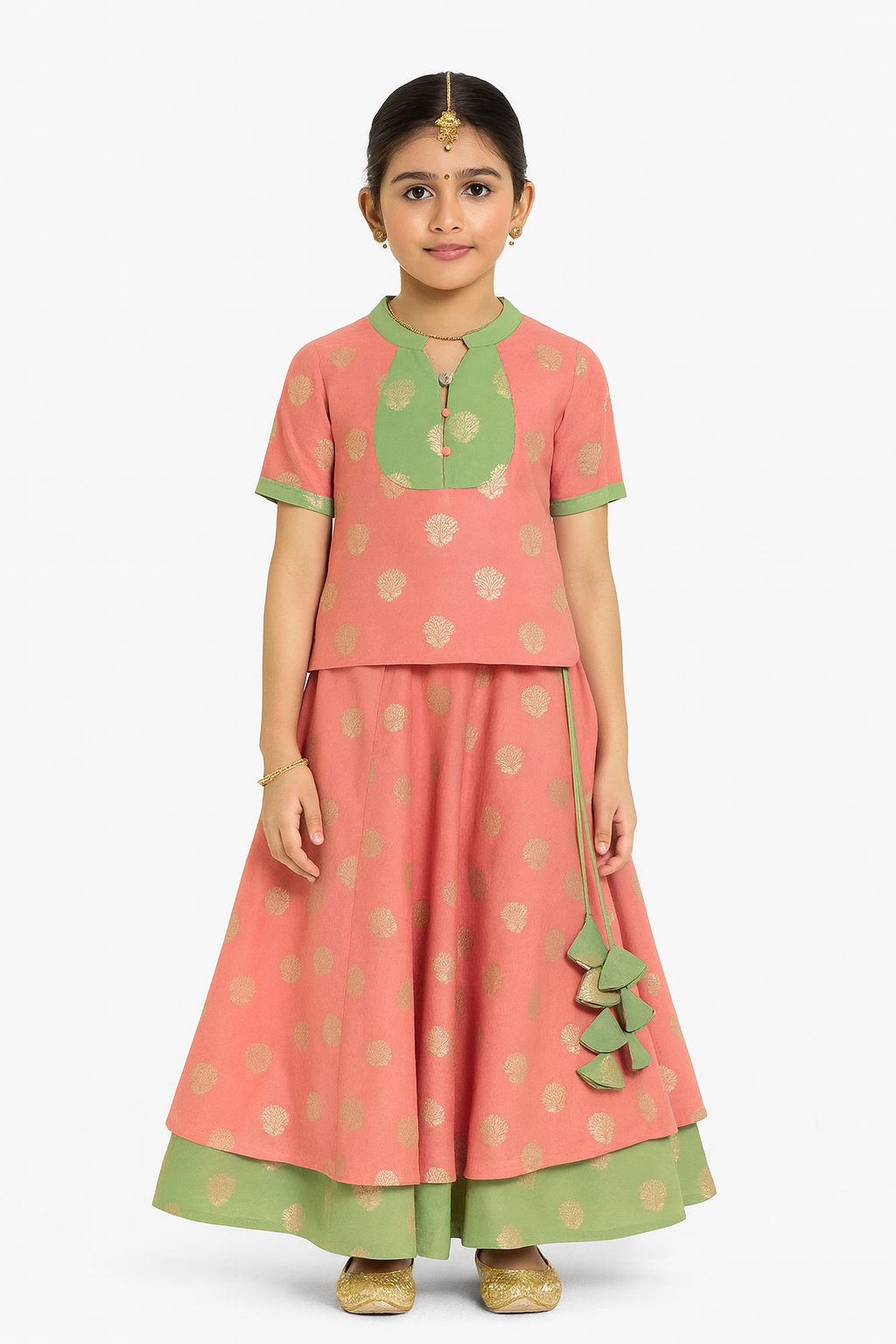 Chittythalli Girls Traditional Pavadai Set with Mandarin Collar Top and Double Layered Flared Skirt - Peach - PS70