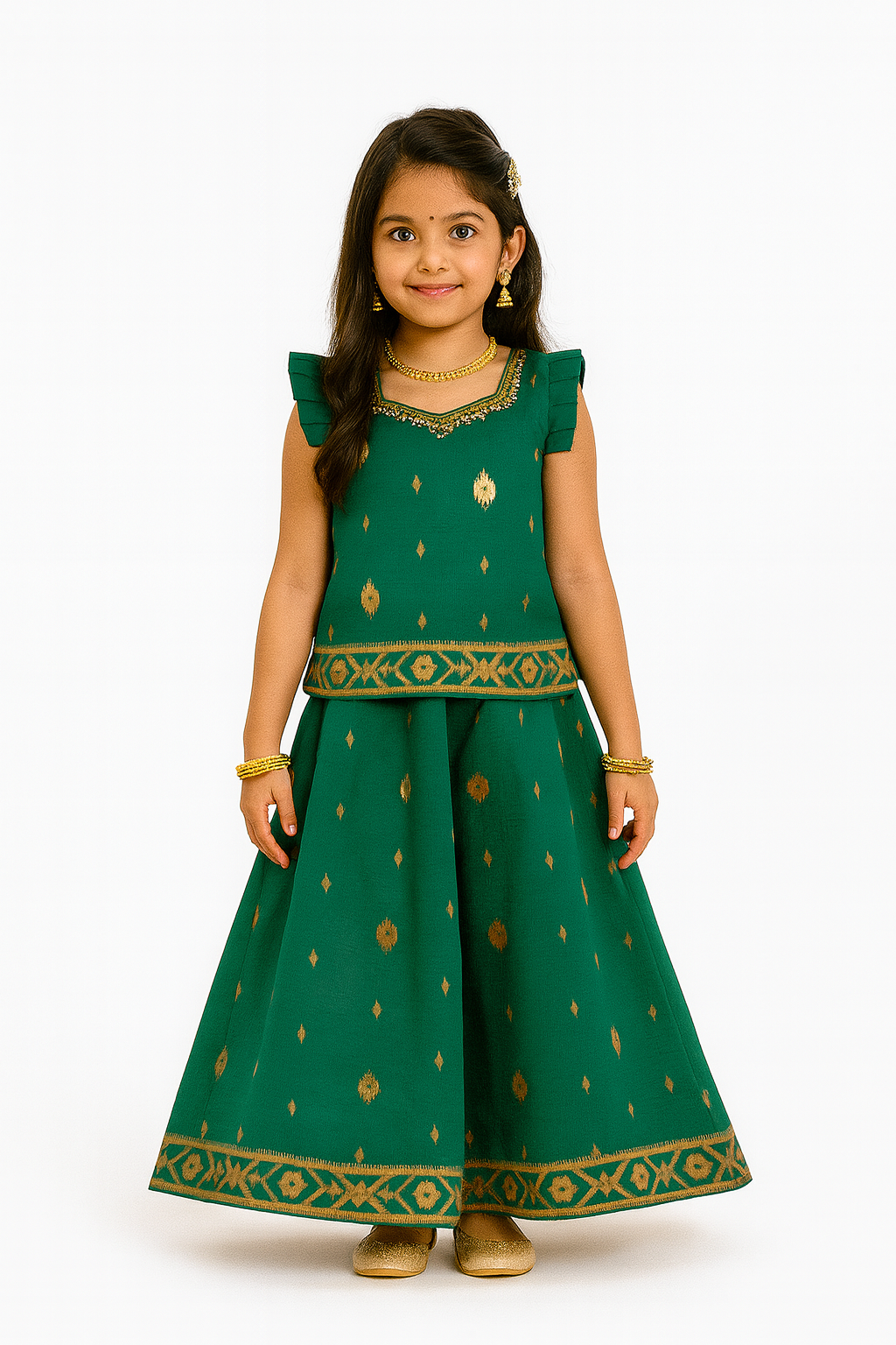 Chittythalli Traditional Girls Pavadai Set Three-Pointed Neck Blouse with Flared Skirt - Green - PS87