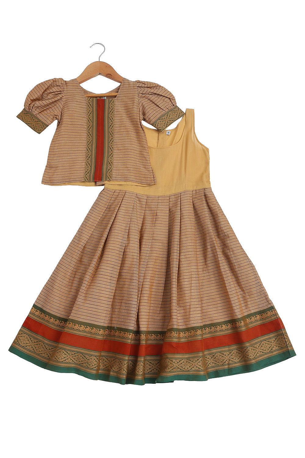 Chittythalli Girls Handloom Kanchi Cotton Pavadai Set | Traditional Cotton Ethnic Wear for Girls | Puff Sleeve Pavadai Dress with Border Patch Work - PS19