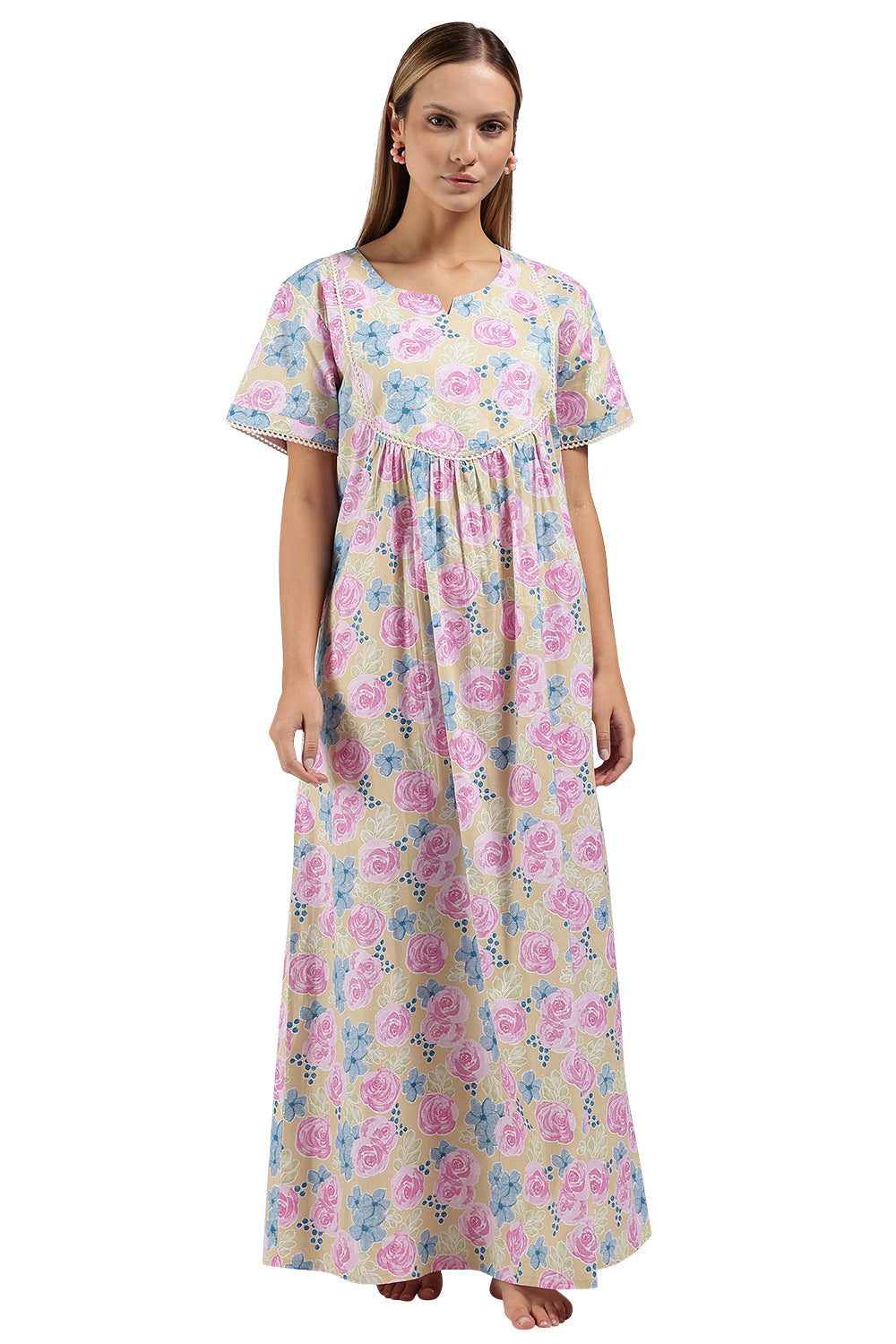 Naidu Hall Printed Cotton Nighty for Women – Full Length Flared A-Line Sleepwear with Lace Yoke & Pocket | Comfortable Daily Wear Nighty
- N131