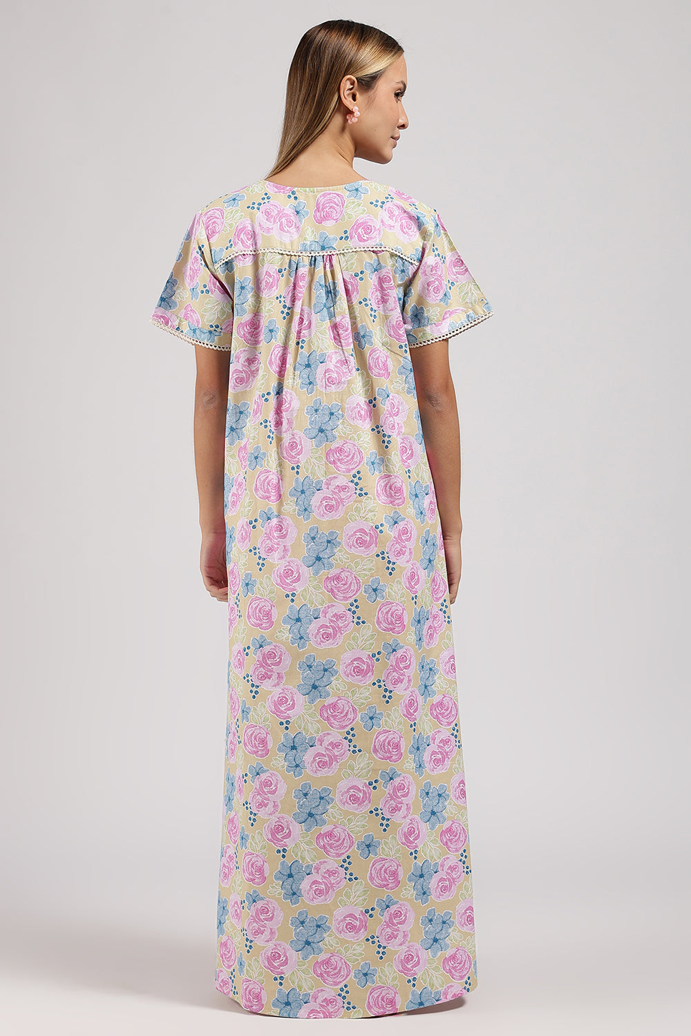 Naidu Hall Printed Cotton Nighty for Women – Full Length Flared A-Line Sleepwear with Lace Yoke & Pocket | Comfortable Daily Wear Nighty
- N131