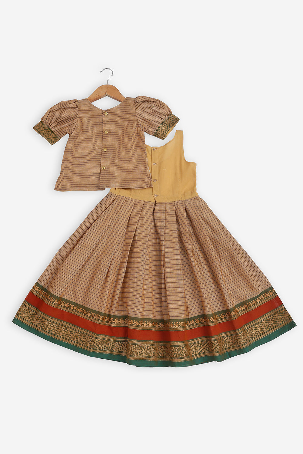 Chittythalli Girls Handloom Kanchi Cotton Pavadai Set | Traditional Cotton Ethnic Wear for Girls | Puff Sleeve Pavadai Dress with Border Patch Work - PS19