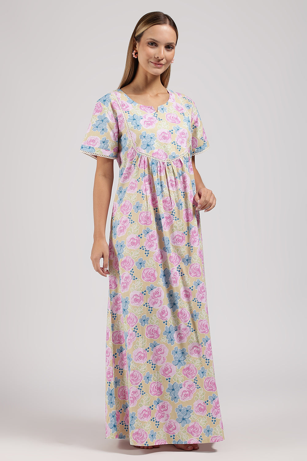 Naidu Hall Printed Cotton Nighty for Women – Full Length Flared A-Line Sleepwear with Lace Yoke & Pocket | Comfortable Daily Wear Nighty
- N131