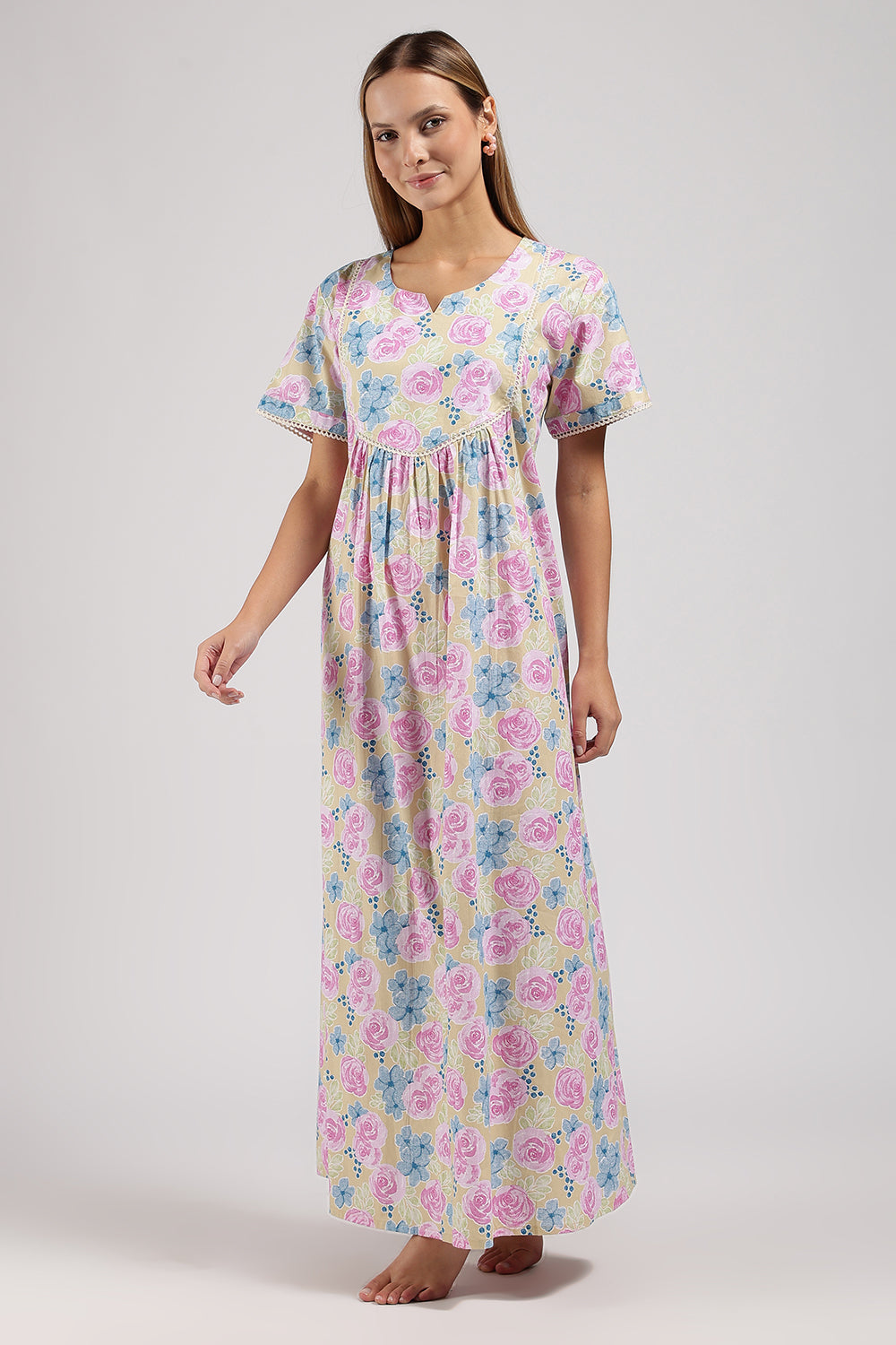 Naidu Hall Printed Cotton Nighty for Women – Full Length Flared A-Line Sleepwear with Lace Yoke & Pocket | Comfortable Daily Wear Nighty
- N131