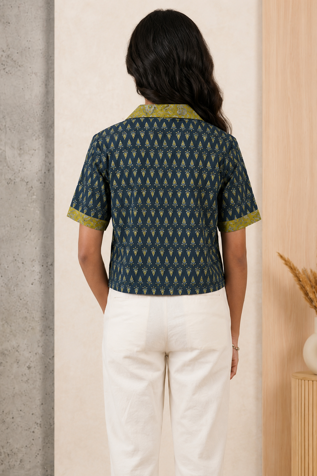 Mythri Women's Cotton Boxy Cropped Collared Shirt | Casual Colour Block Short Top for Women | Everyday Cotton Fashion Top - TO34