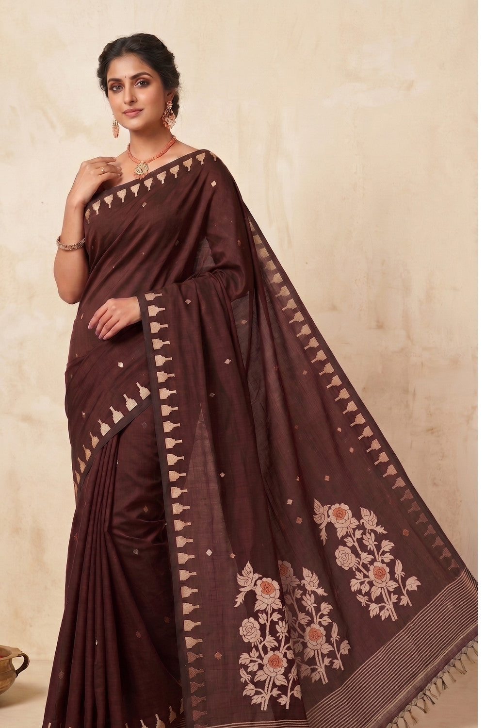 Naidu Hall Women's Dark Brown Khadi Cotton Blend Jacquard Saree with Blouse | Lightweight Ethnic Wear Saree - G533