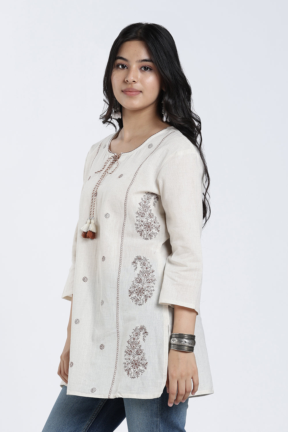 Mythri Women’s Cotton Paisley Embroidered Top – Casual 3/4 Sleeve Ethnic Short Top for Women - EX15