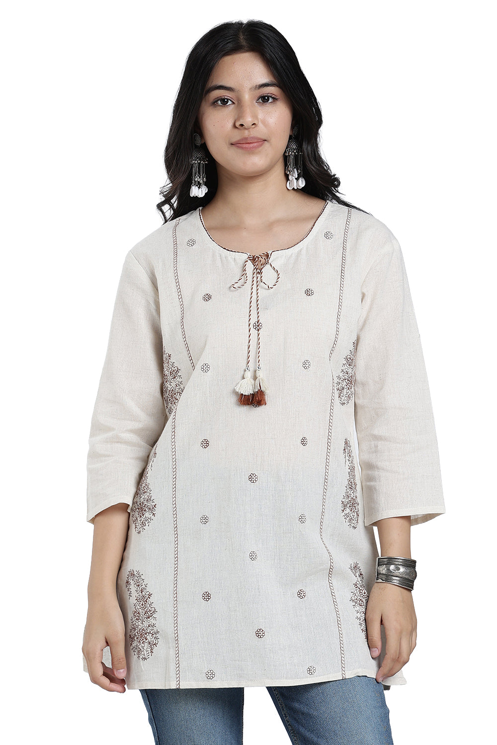 Mythri Women’s Cotton Paisley Embroidered Top – Casual 3/4 Sleeve Ethnic Short Top for Women - EX15