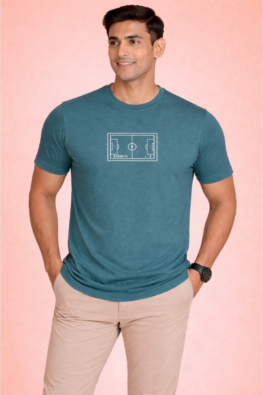 Enhance Men’s Cotton Printed T Shirt Round Neck Half Sleeve Football Graphic Casual Everyday Wear Knit Regular Fit - Teal - TG17