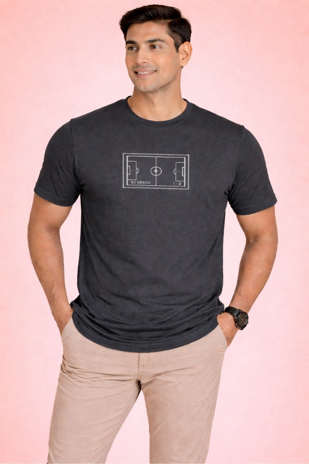 Enhance Men’s Cotton Printed T Shirt Round Neck Half Sleeve Football Graphic Casual Everyday Wear Knit Regular Fit - Grey - TG17