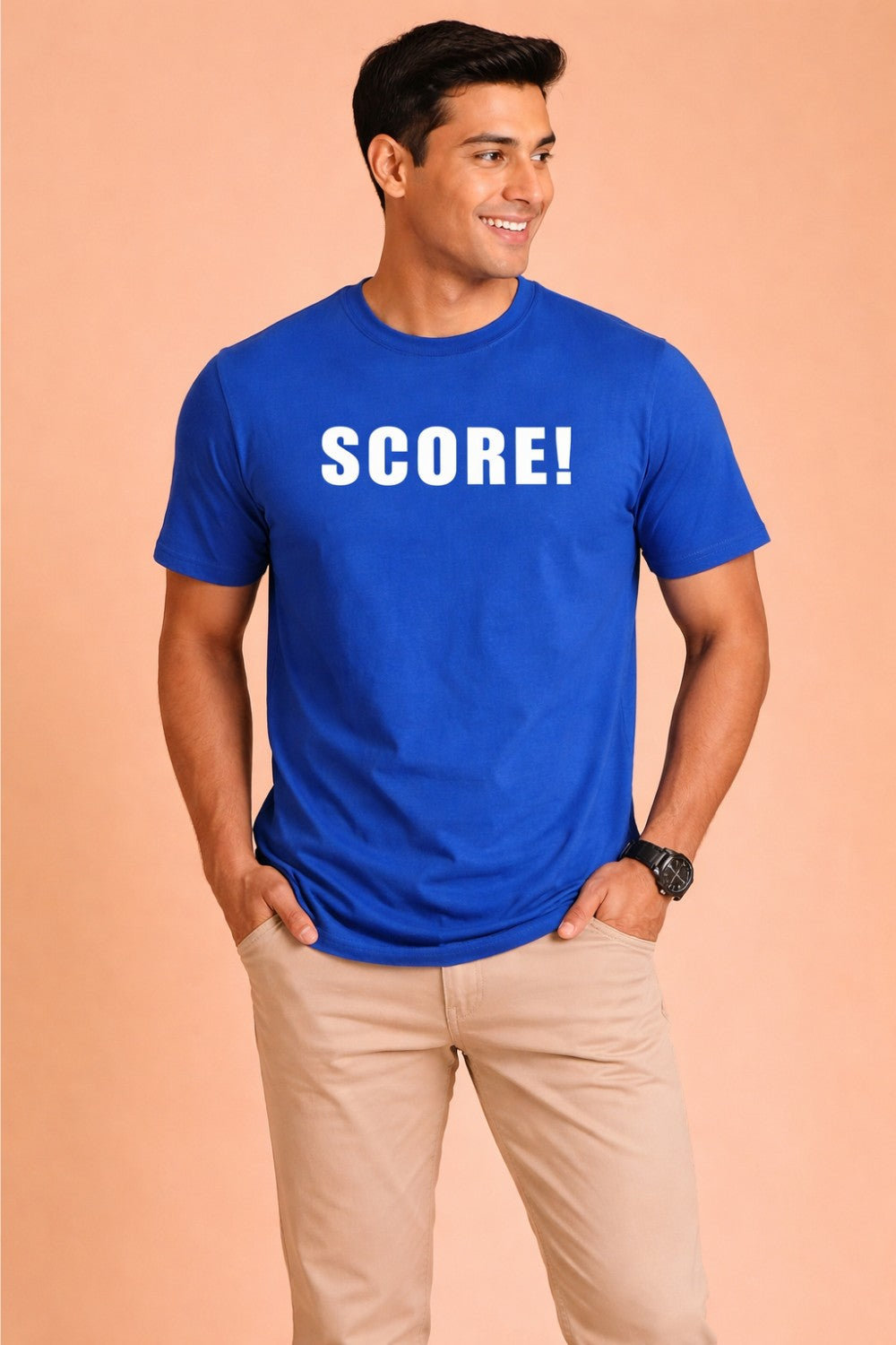 Enhance Men’s Cotton Printed T Shirt Round Neck Half Sleeve Front and Back Graphic Print Score Ball Design Casual Everyday Wear Knit Regular Fit - Blue - TG19