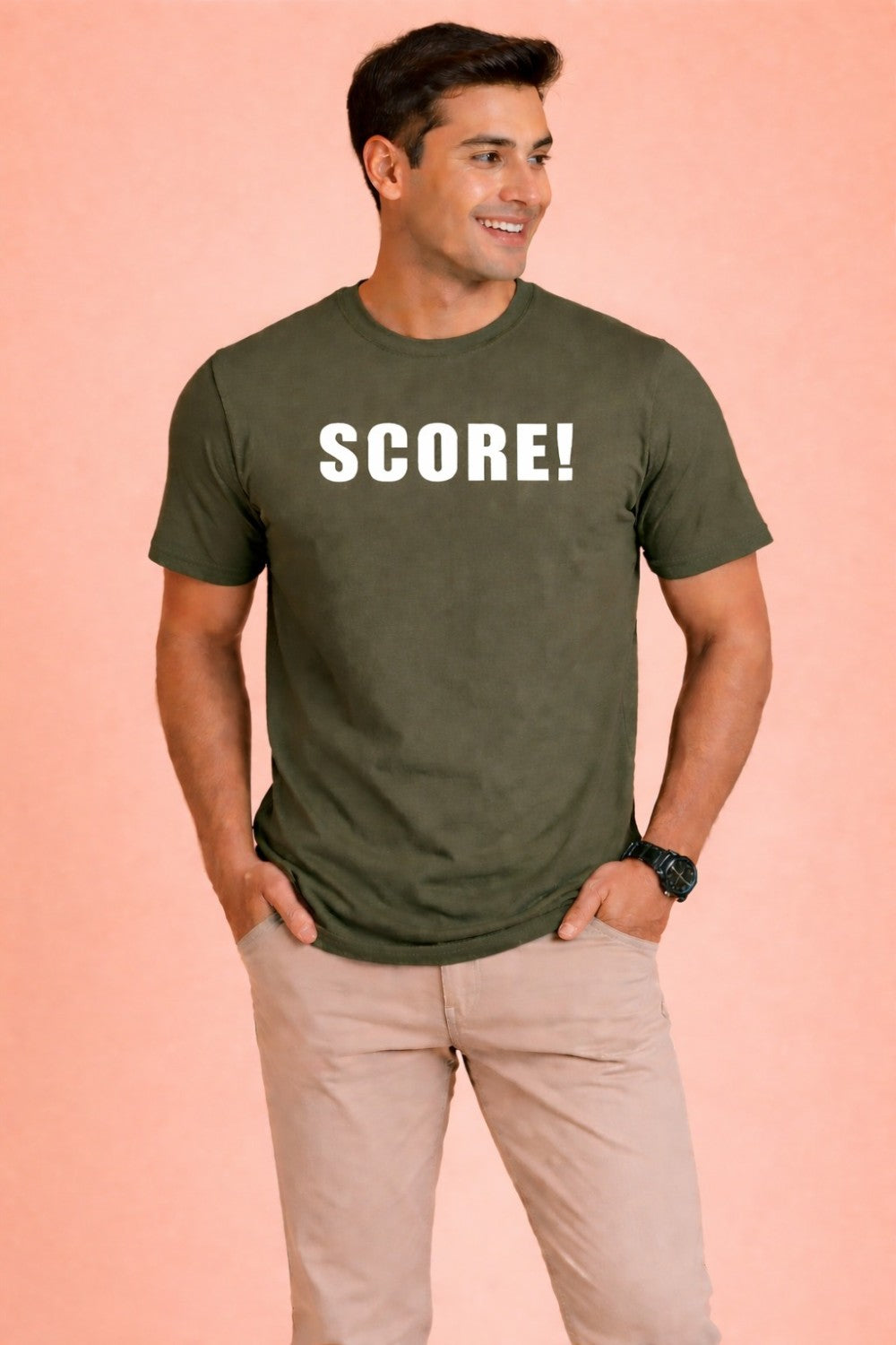 Enhance Men’s Cotton Printed T Shirt Round Neck Half Sleeve Front and Back Graphic Print Score Ball Design Casual Everyday Wear Knit Regular Fit - Olive - TG19