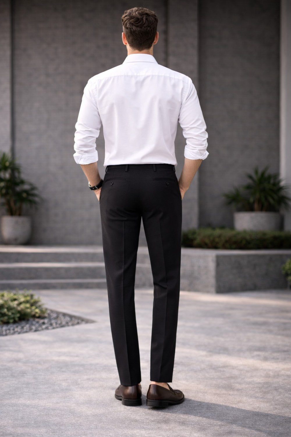 ENHANCE Men’s Cotton Stretch Formal Trousers – Regular Fit Office Wear Pants with Contrast Waistband & Coin Pocket | Classic Business Formal Pants for Men - Black - TM01