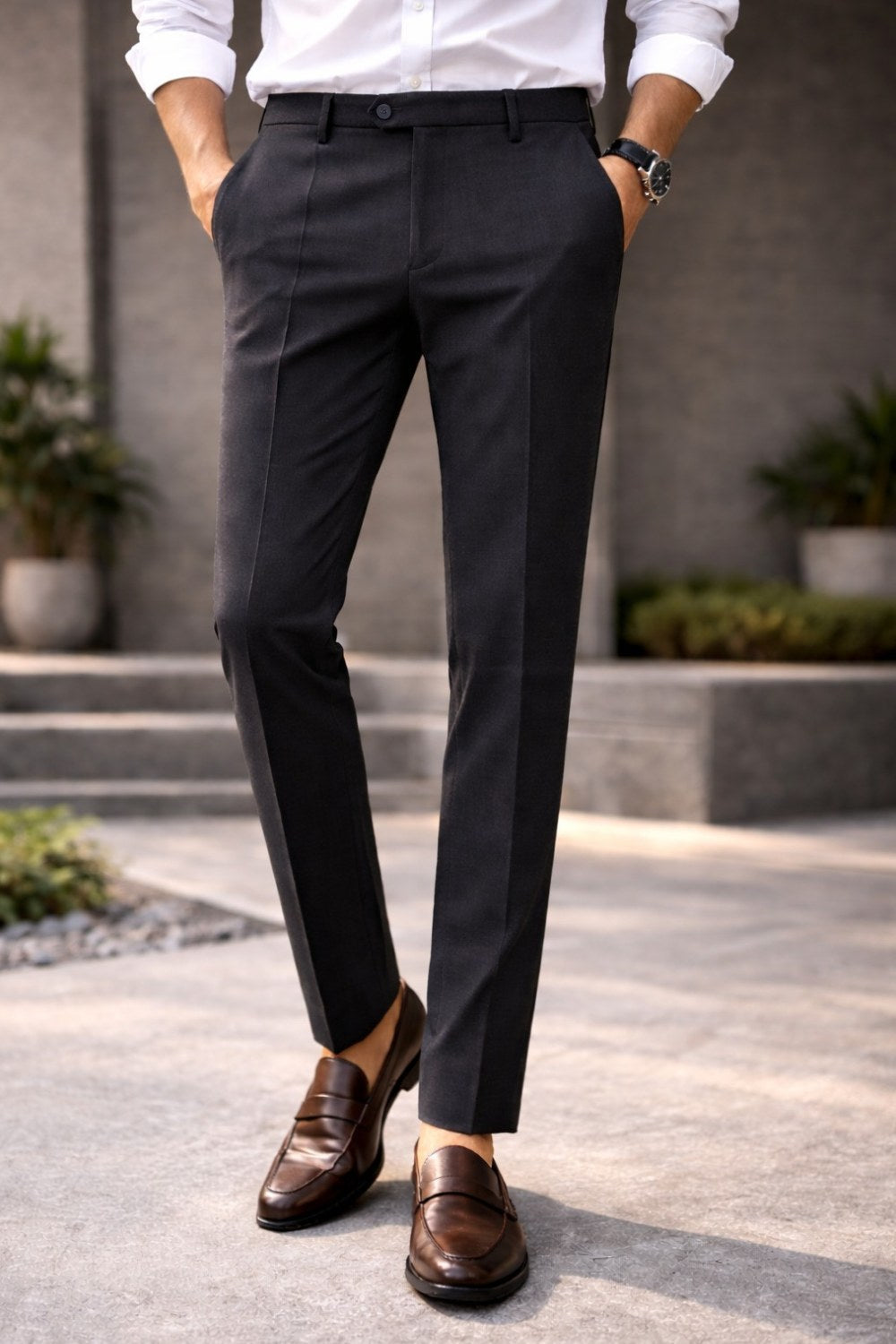 ENHANCE Men’s Cotton Stretch Formal Trousers – Regular Fit Office Wear Pants with Contrast Waistband & Coin Pocket | Classic Business Formal Pants for Men - Charcoal - TM07